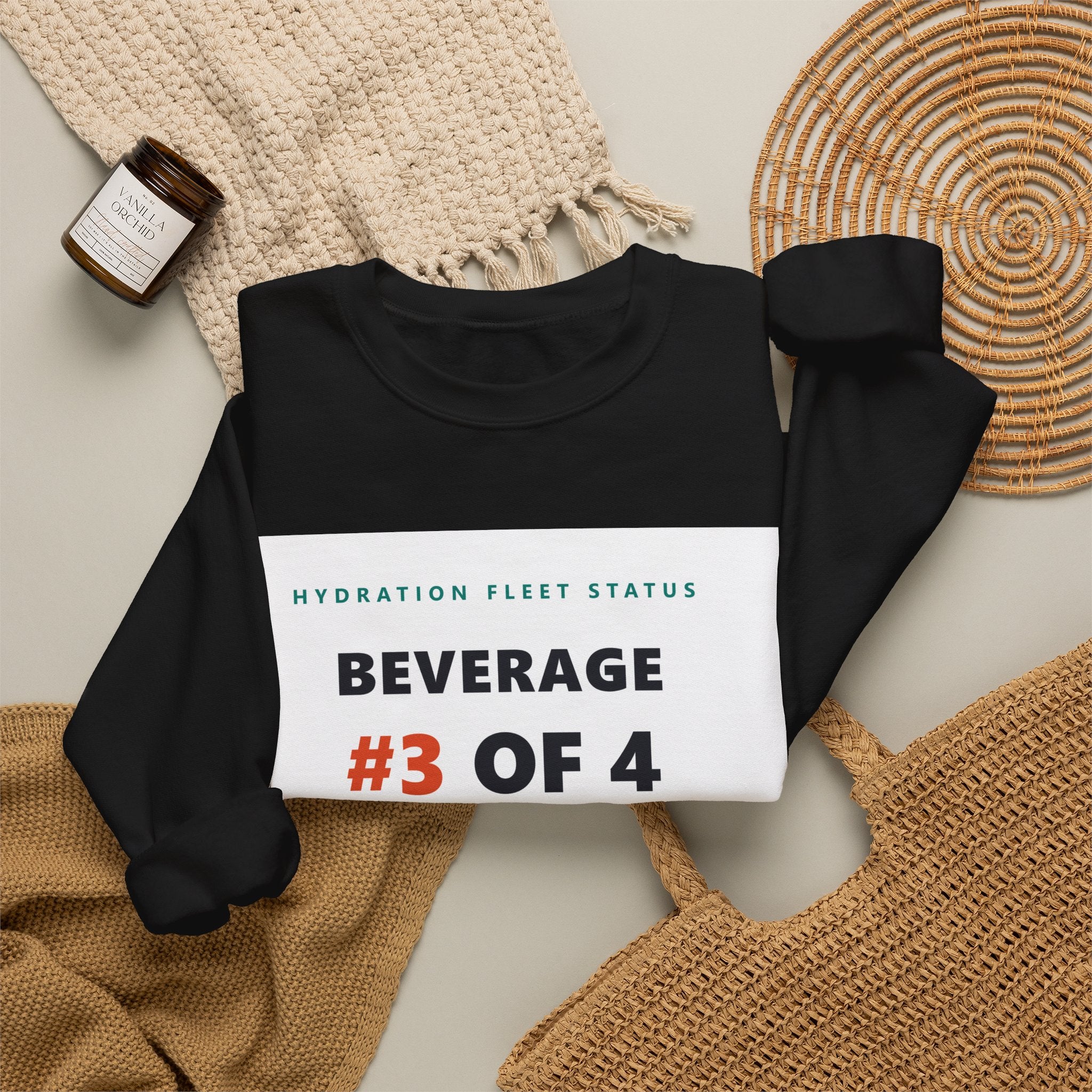Crewneck Sweatshirt — "Beverage #3 of 4" Hydration Fleet Status Coffee Tee