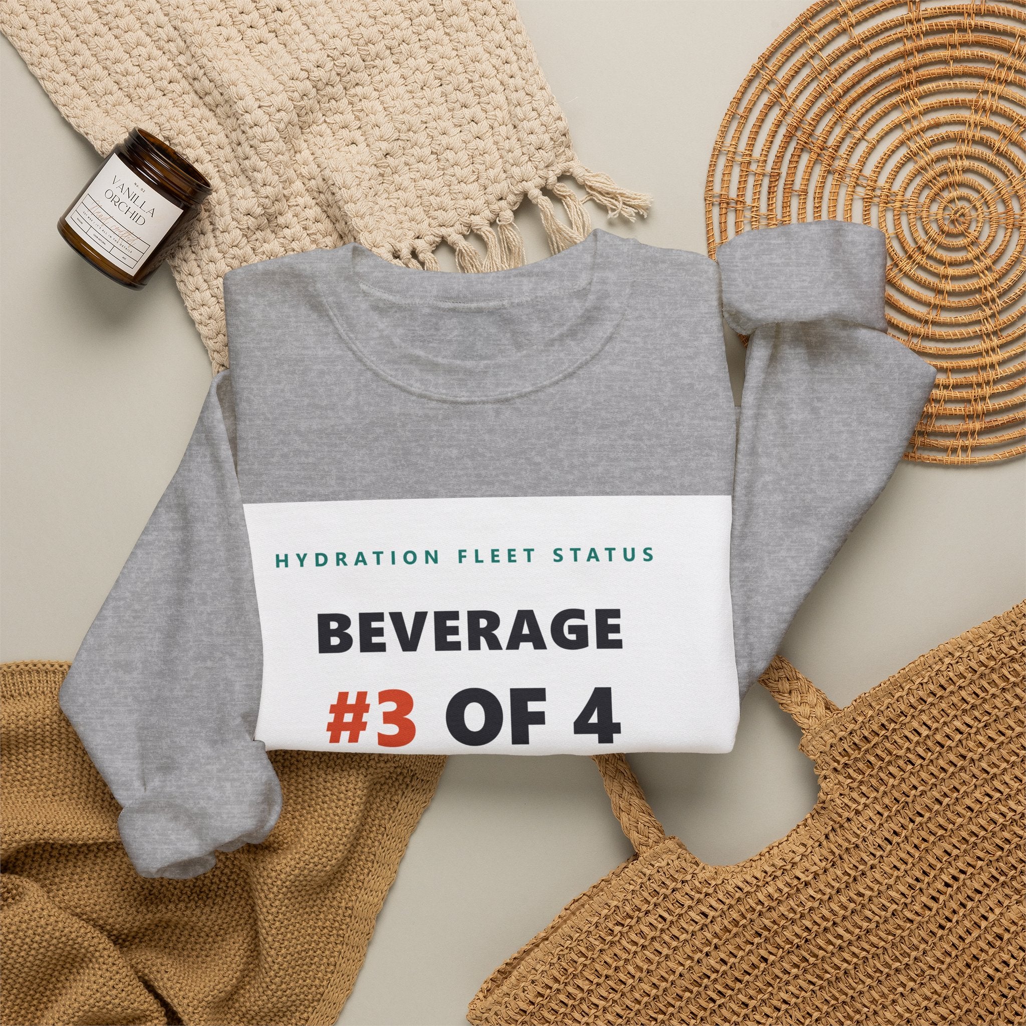 Crewneck Sweatshirt — "Beverage #3 of 4" Hydration Fleet Status Coffee Tee