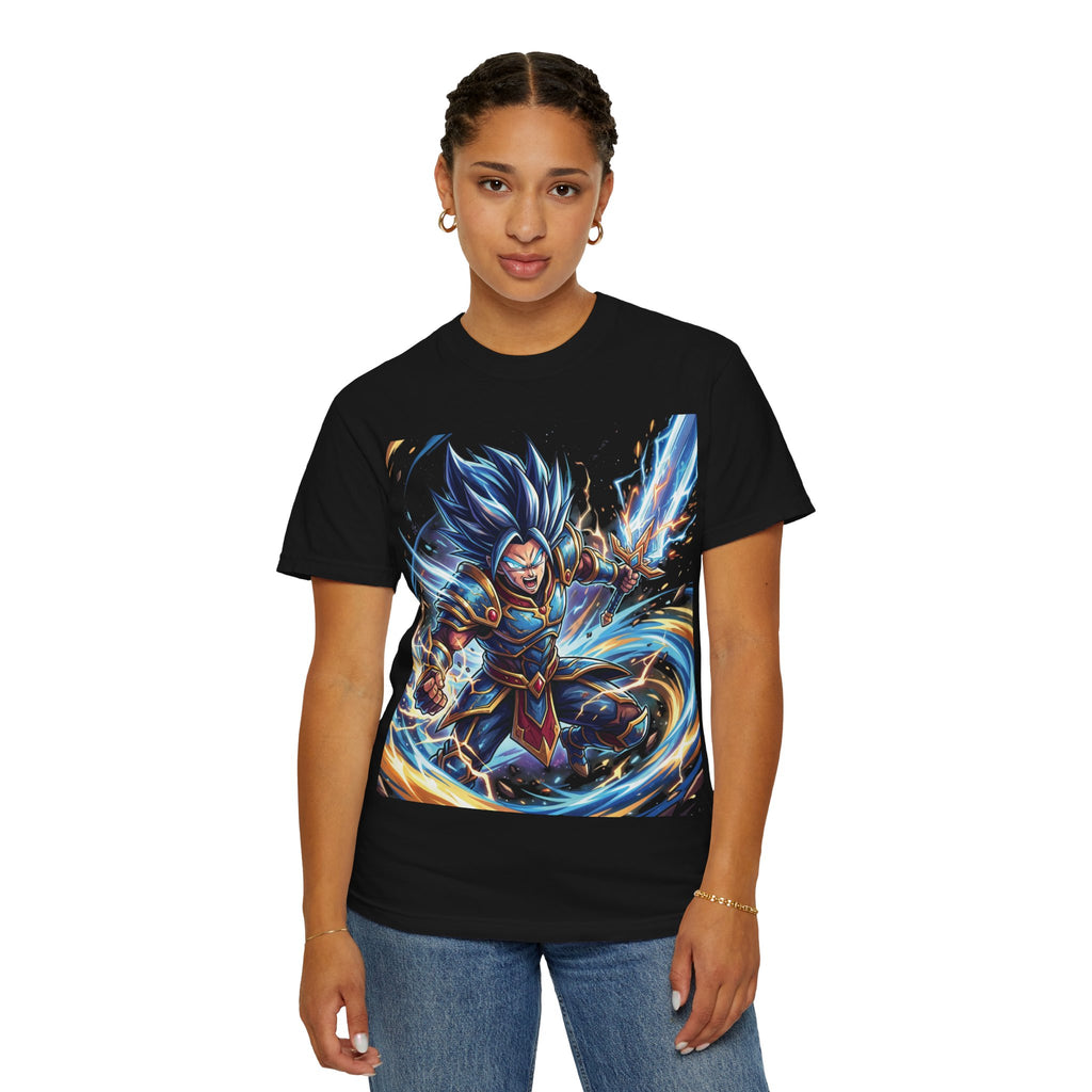 Epic Blue Warrior T-Shirt — Fantasy Swordfighter Graphic Tee