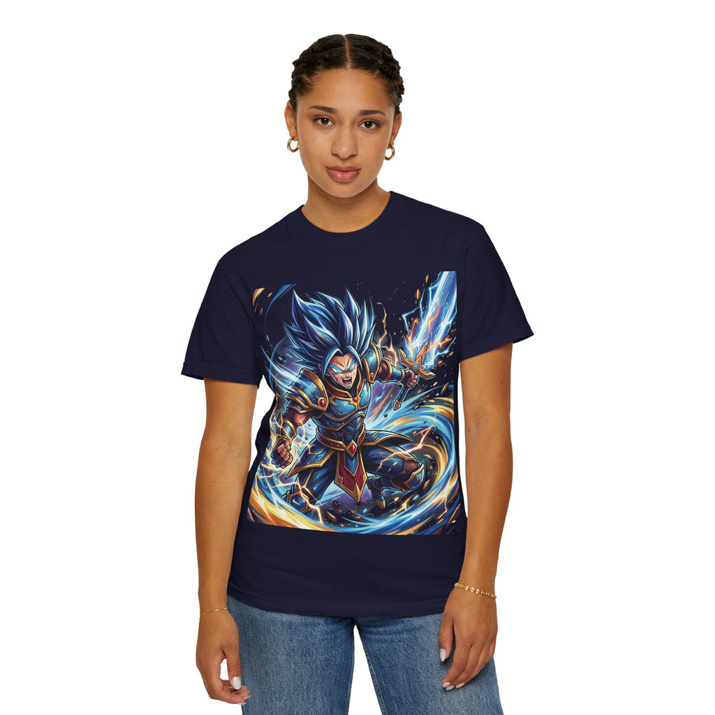 Epic Blue Warrior T-Shirt — Fantasy Swordfighter Graphic Tee