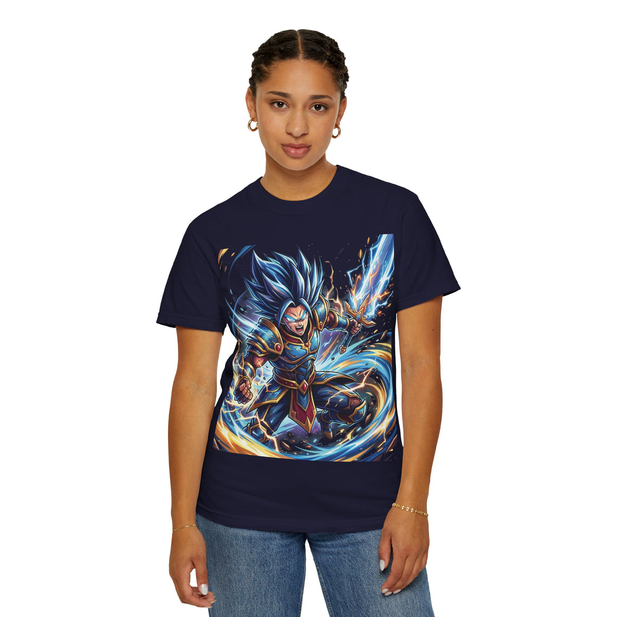 Epic Blue Warrior T-Shirt — Fantasy Swordfighter Graphic Tee