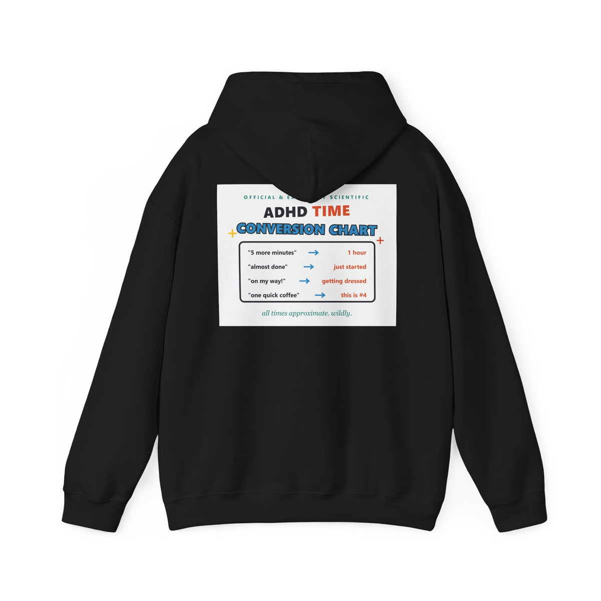 ADHD Time Hoodie — "Still Late" Graphic Sweatshirt with Time Conversion Chart