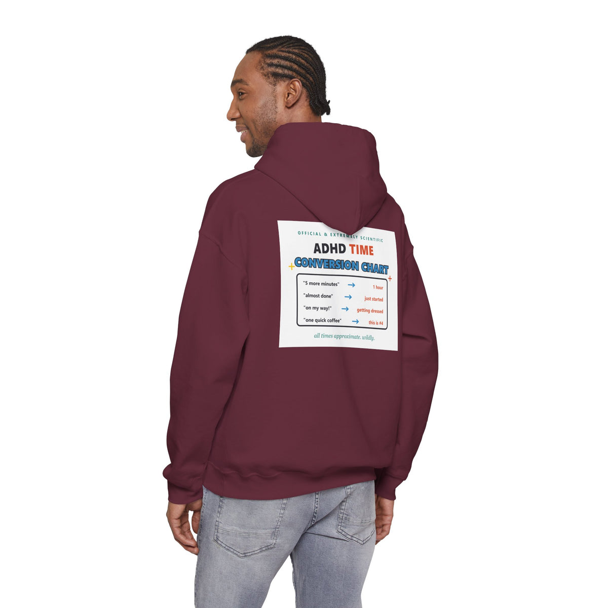 ADHD Time Hoodie — "Still Late" Graphic Sweatshirt with Time Conversion Chart