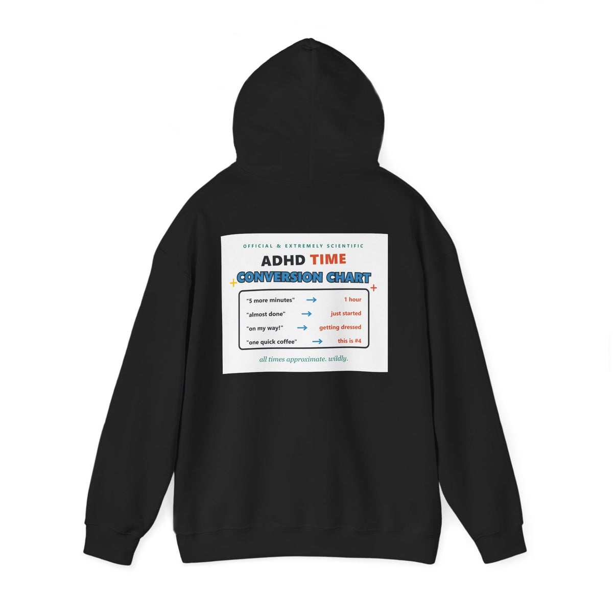 ADHD Time Hoodie — "Still Late" Graphic Sweatshirt with Time Conversion Chart