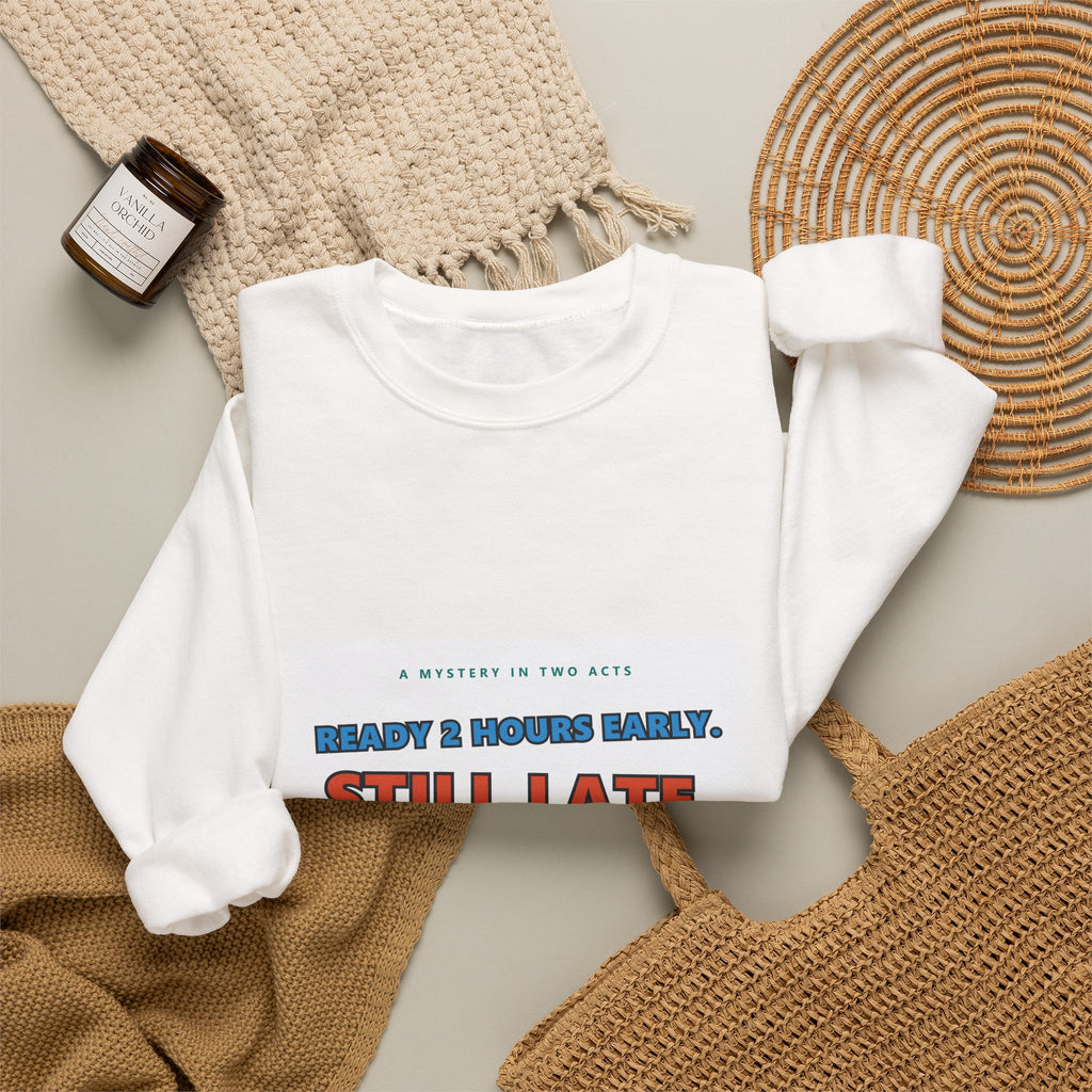 Still Late Crewneck Sweatshirt — Funny 'Ready 3 Hours Early, Still Late' Graphic