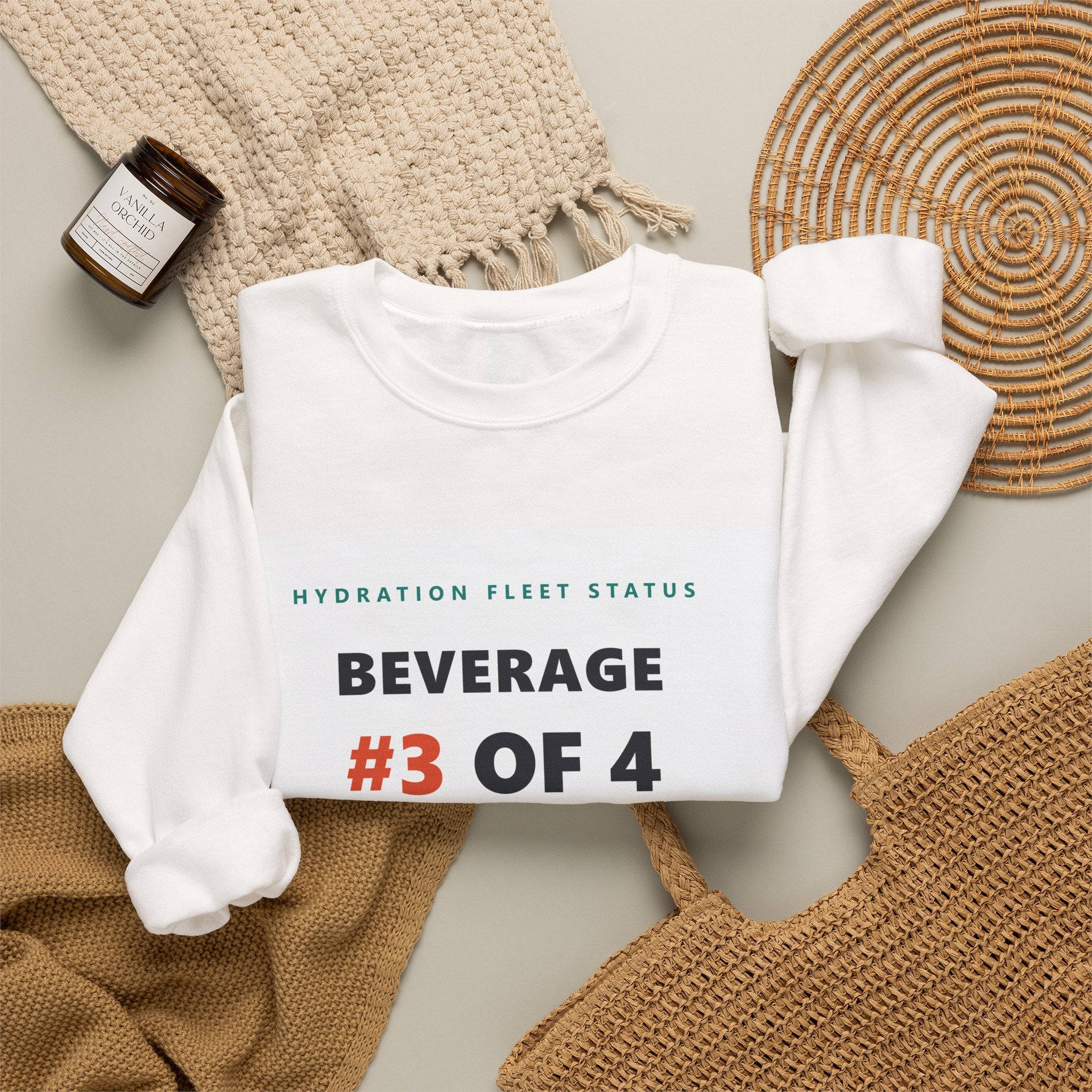 Crewneck Sweatshirt — "Beverage #3 of 4" Hydration Fleet Status Coffee Tee