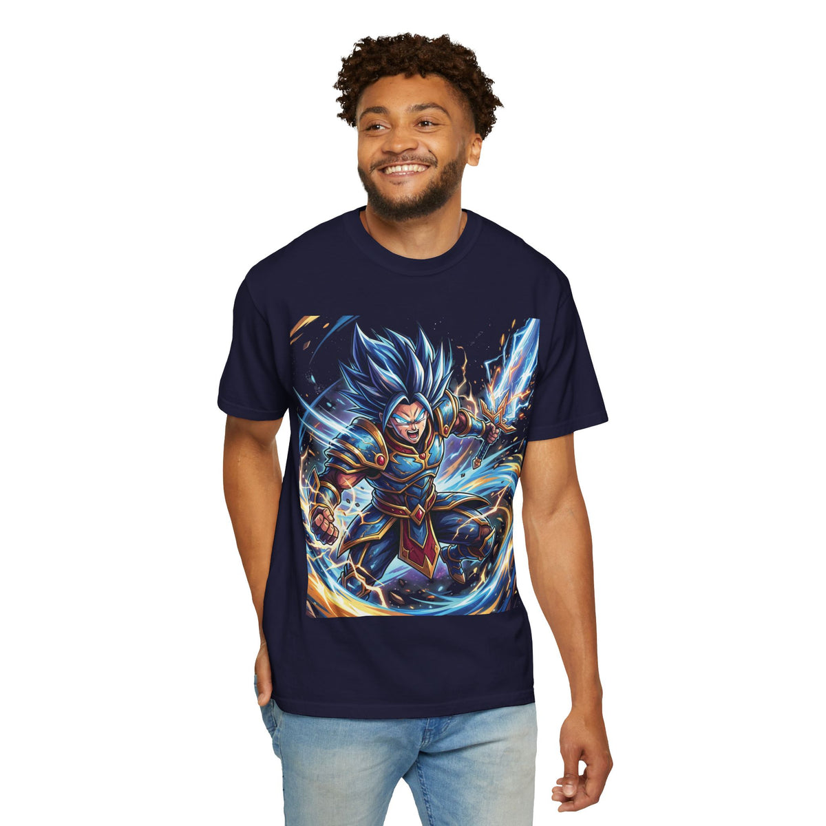 Epic Blue Warrior T-Shirt — Fantasy Swordfighter Graphic Tee