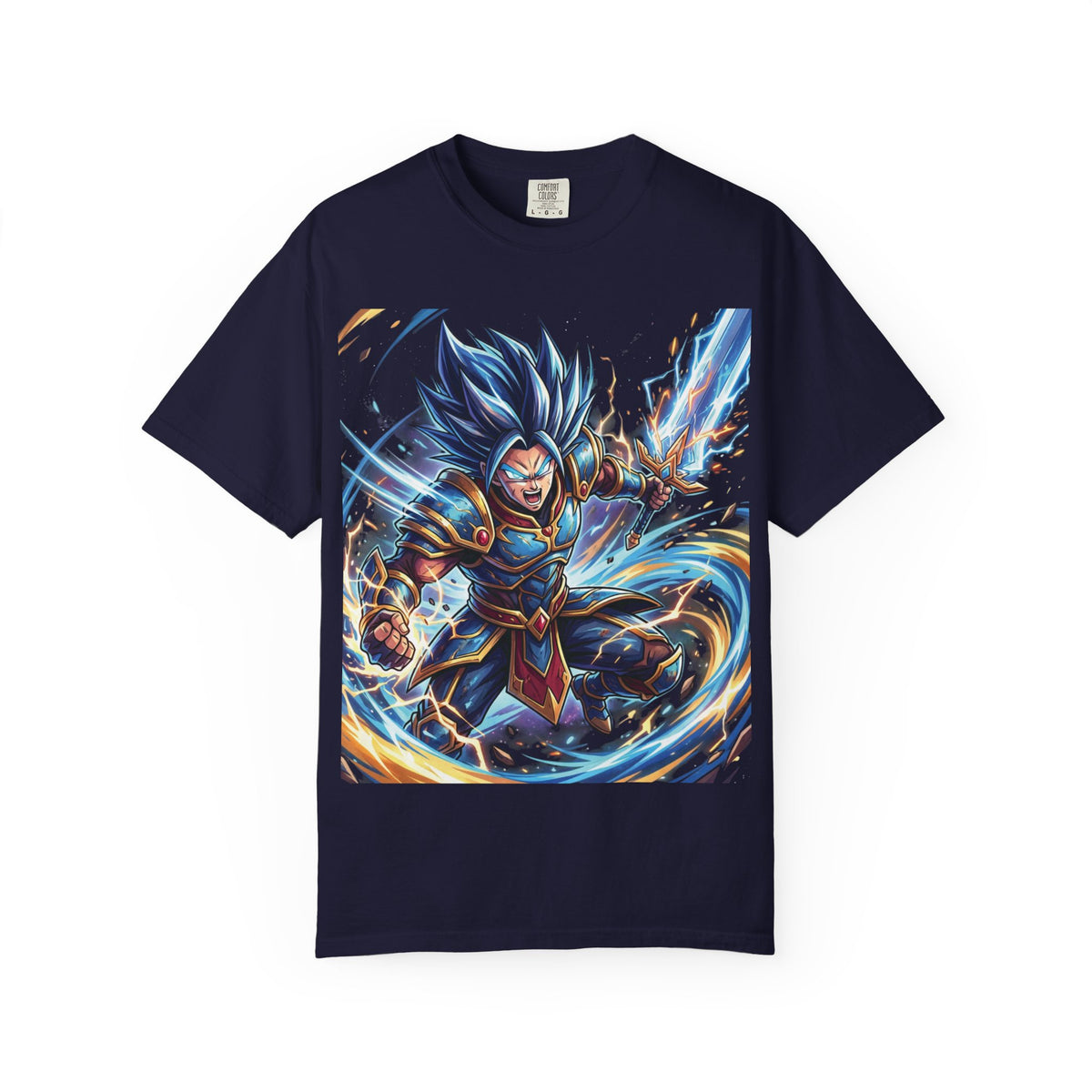 Epic Blue Warrior T-Shirt — Fantasy Swordfighter Graphic Tee