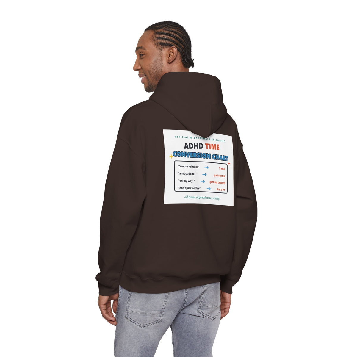 ADHD Time Hoodie — "Still Late" Graphic Sweatshirt with Time Conversion Chart